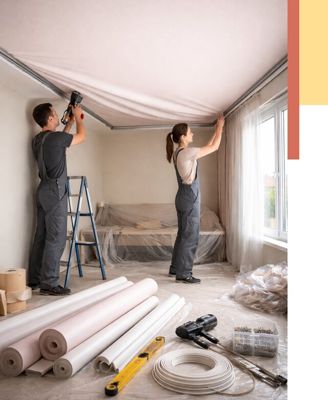 Монтаж цветного натяжного потолка в Армавире от 4255 руб/м² — быстро и недорого | ОТДЕЛОЧНИК-Рмв