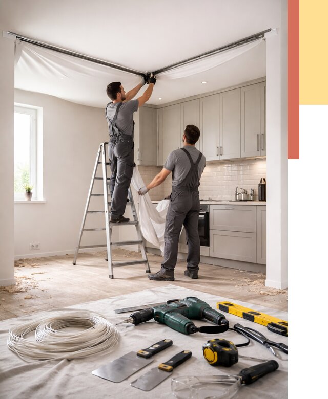 Установка натяжного потолка на кухне в Армавире от 2431 руб. | ОТДЕЛОЧНИК-Рмв