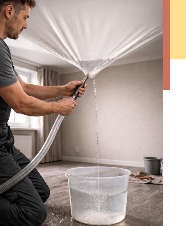 Слив воды с натяжного потолка в Армавире от 2533 руб. быстро и недорого | ОТДЕЛОЧНИК-Рмв