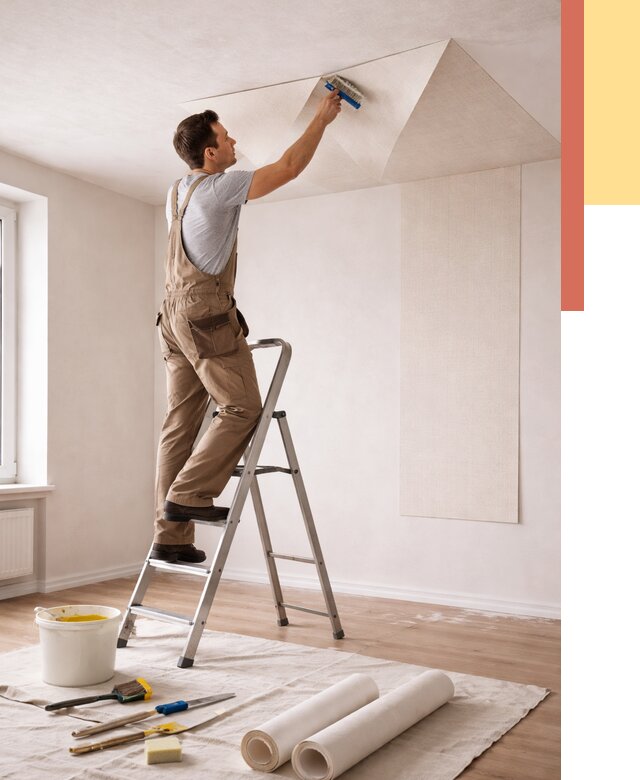 Поклейка обоев на потолок в Армавире от 4559 руб. быстро и недорого | ОТДЕЛОЧНИК-Рмв